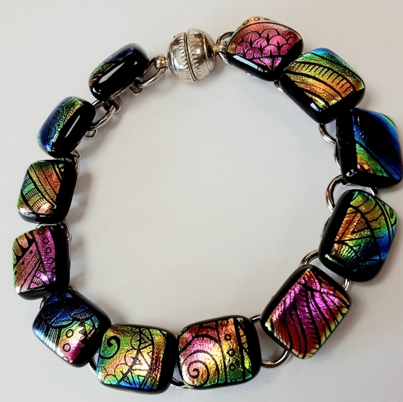 8" Dichroic Fused Glass Link Bracelet - Picture 2 of 2